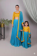 Teal and Mustard Georgette Lehenga Set, Mom and Daughter Matching Indian Outfits