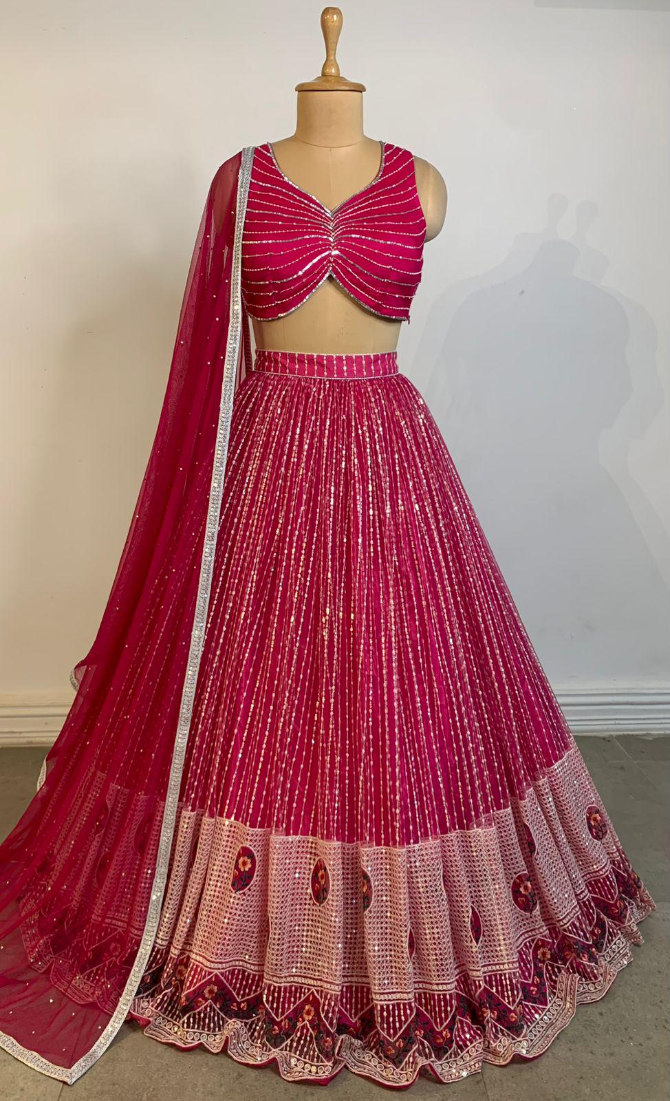 Pink Sequin Lehenga Choli with Dupatta, Indian Wedding Outfit