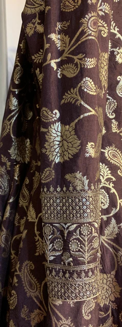 Plus Size Mocha Georgette Anarkali Gown, Gold Motif Indian Dress