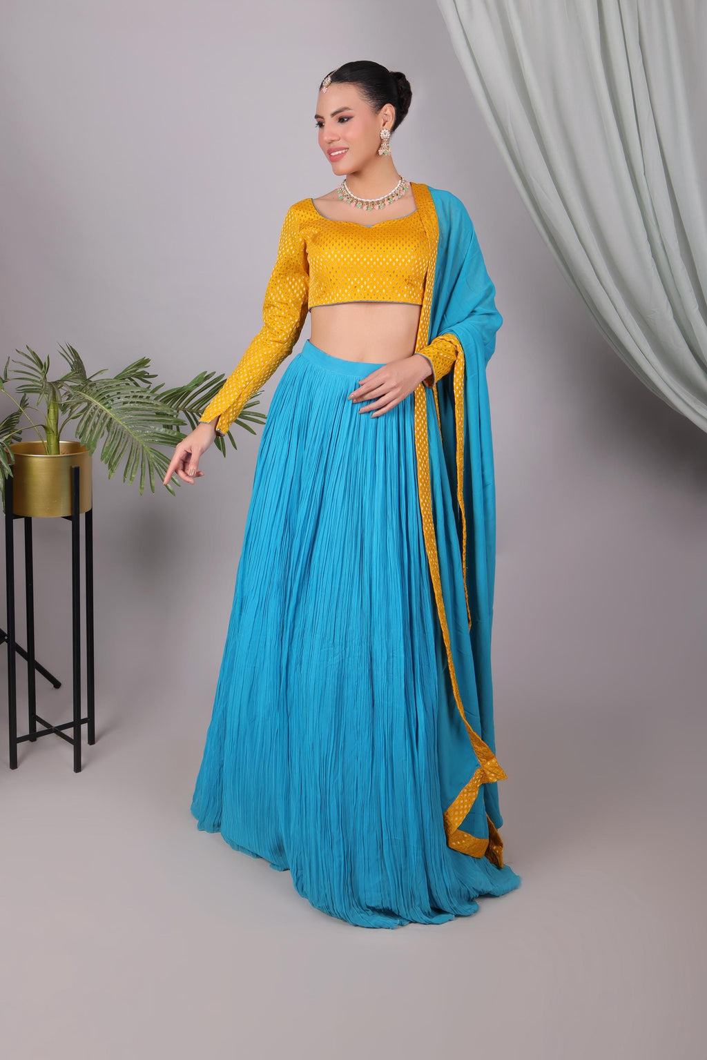 Teal and Mustard Georgette Lehenga Set, Mom and Daughter Matching Indian Outfits