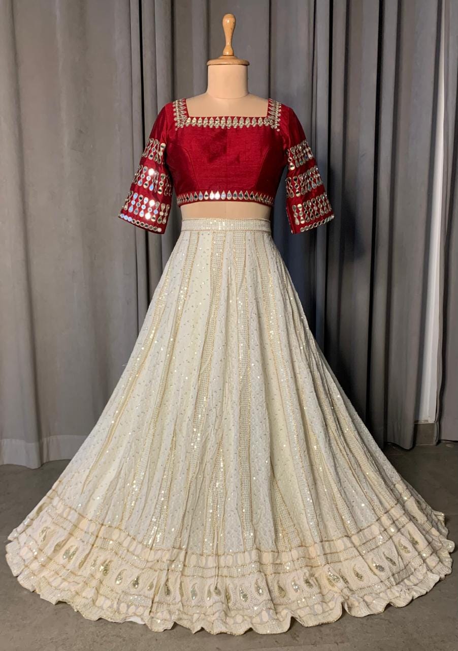 Off-White Georgette Lehenga Choli with Red Raw Silk Mirror Work Blouse, Ready to Wear Indian Wedding Guest Outfit, Stitched Chaniya Choli