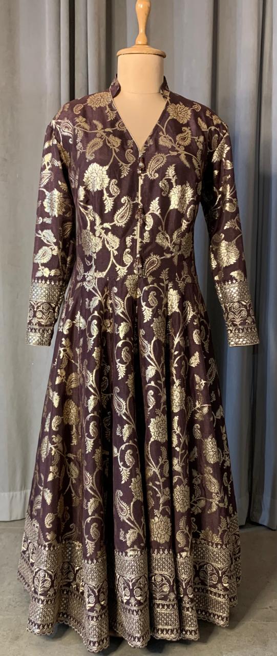 Plus Size Mocha Georgette Anarkali Gown, Gold Motif Indian Dress