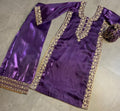 Purple Jimmy Choo Fabric Kurta Set, Hand Embroidered Palazzo Suit with Organza Dupatta, Monotone Indian Wedding Guest Outfit, Stitched Suit