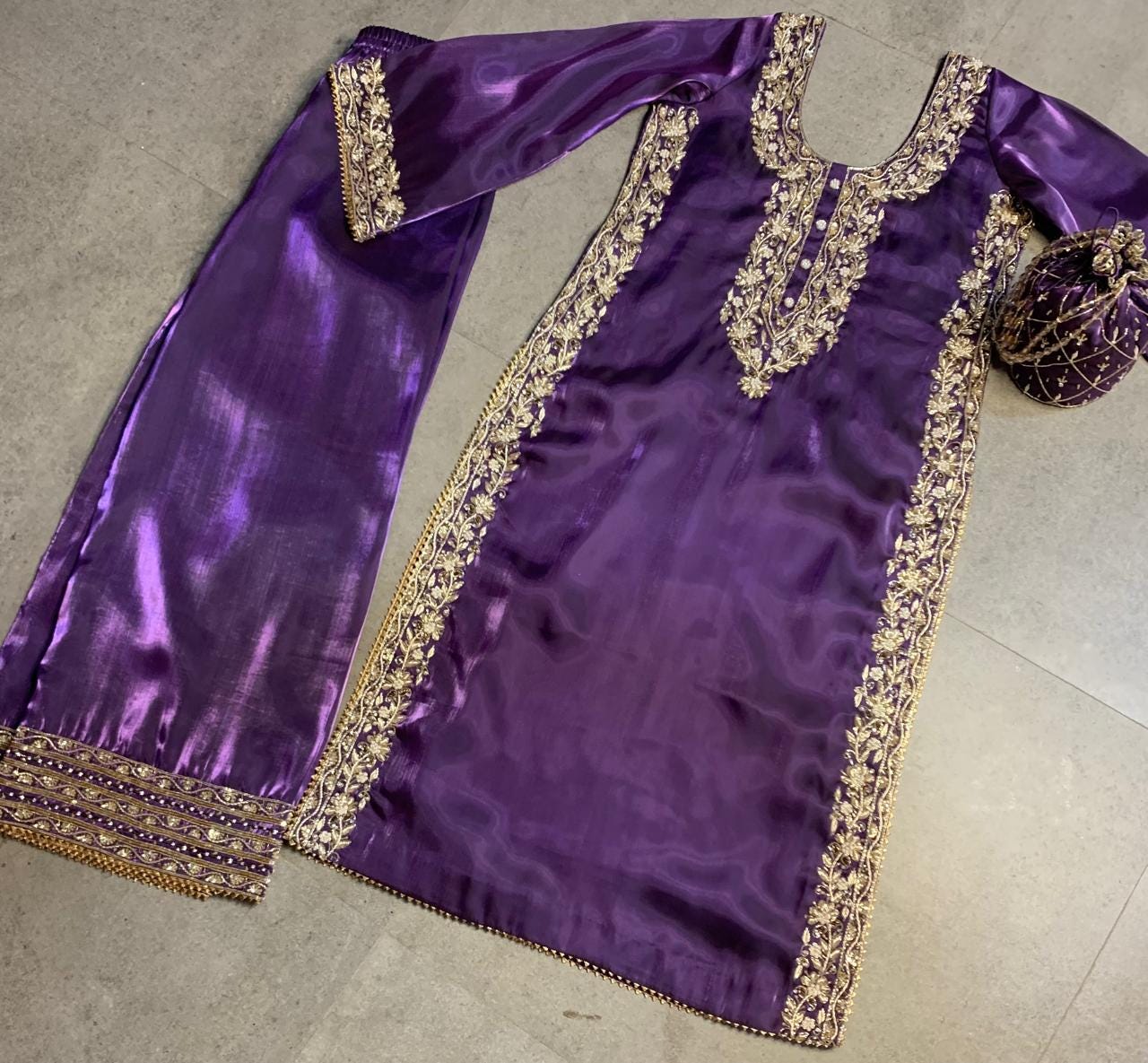 Purple Jimmy Choo Fabric Kurta Set, Hand Embroidered Palazzo Suit with Organza Dupatta, Monotone Indian Wedding Guest Outfit, Stitched Suit