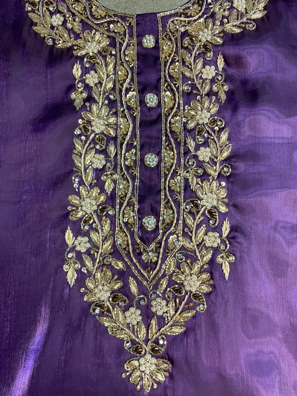 Purple Jimmy Choo Fabric Kurta Set, Hand Embroidered Palazzo Suit with Organza Dupatta, Monotone Indian Wedding Guest Outfit, Stitched Suit