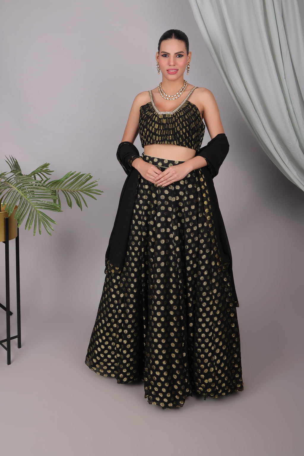 Black & Gold Brocade Lehenga Choli Set - Indian Wedding Outfit