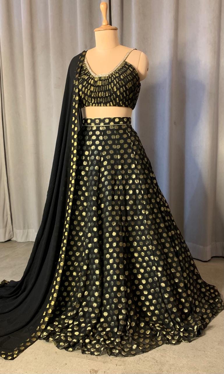 Black Brocade Georgette Lehenga Set, Embroidered Indian Outfit