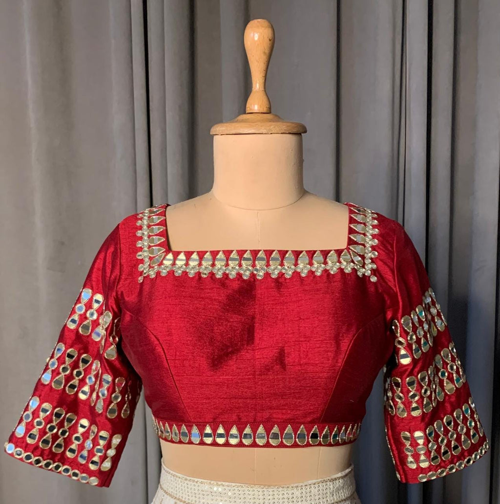 Off-White Georgette Lehenga Choli with Red Raw Silk Mirror Work Blouse, Ready to Wear Indian Wedding Guest Outfit, Stitched Chaniya Choli