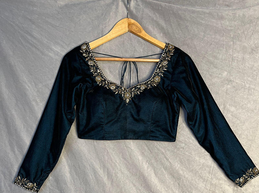 Teal blue Velvet Lehenga Choli with Dupatta - Indian Wedding Outfit