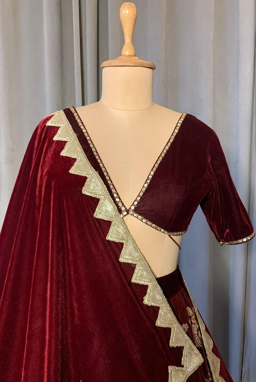 Maroon Velvet Lehenga Choli with Gold Embroidery, Indian Wedding Outfit