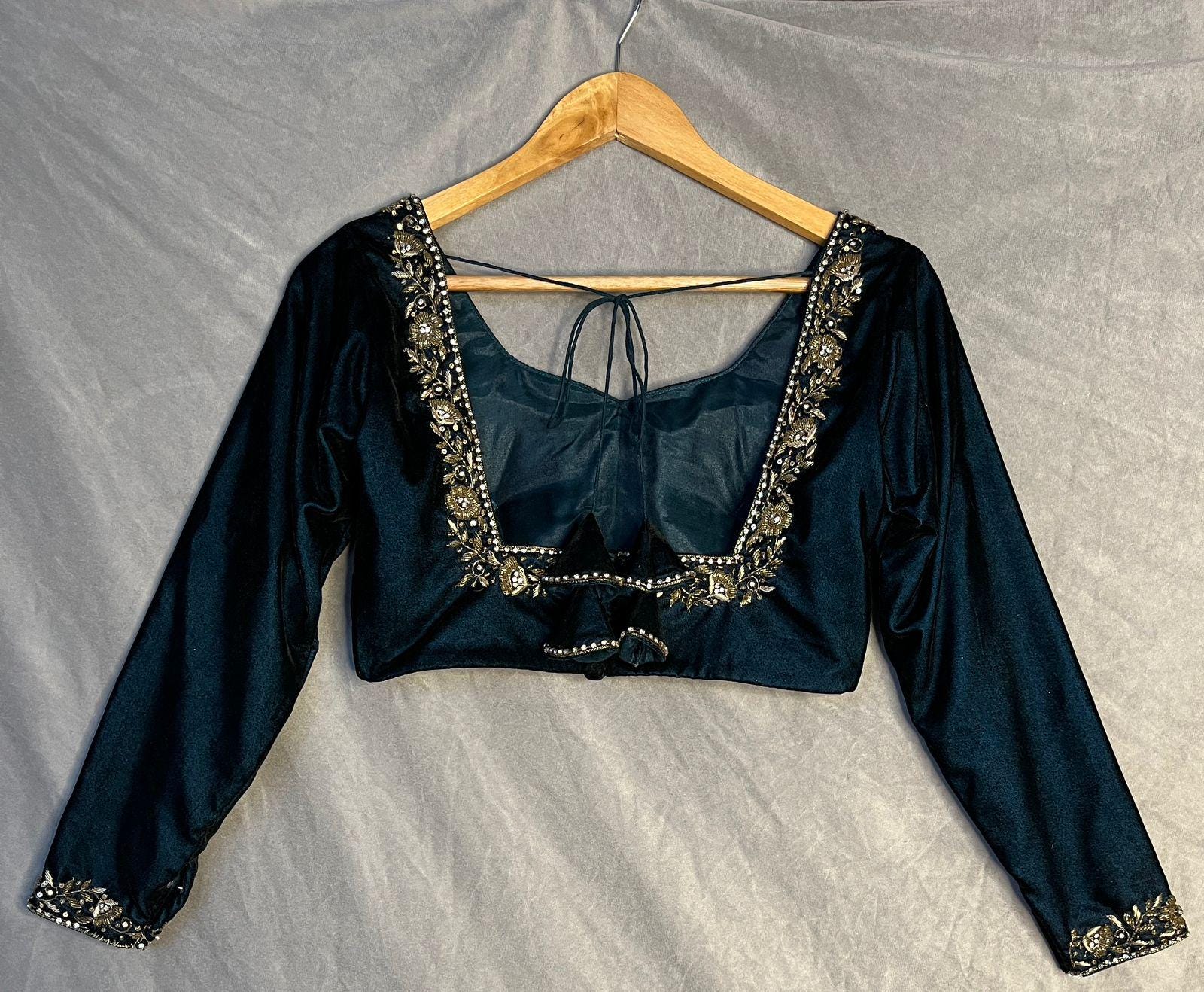 Teal blue Velvet Lehenga Choli with Dupatta - Indian Wedding Outfit