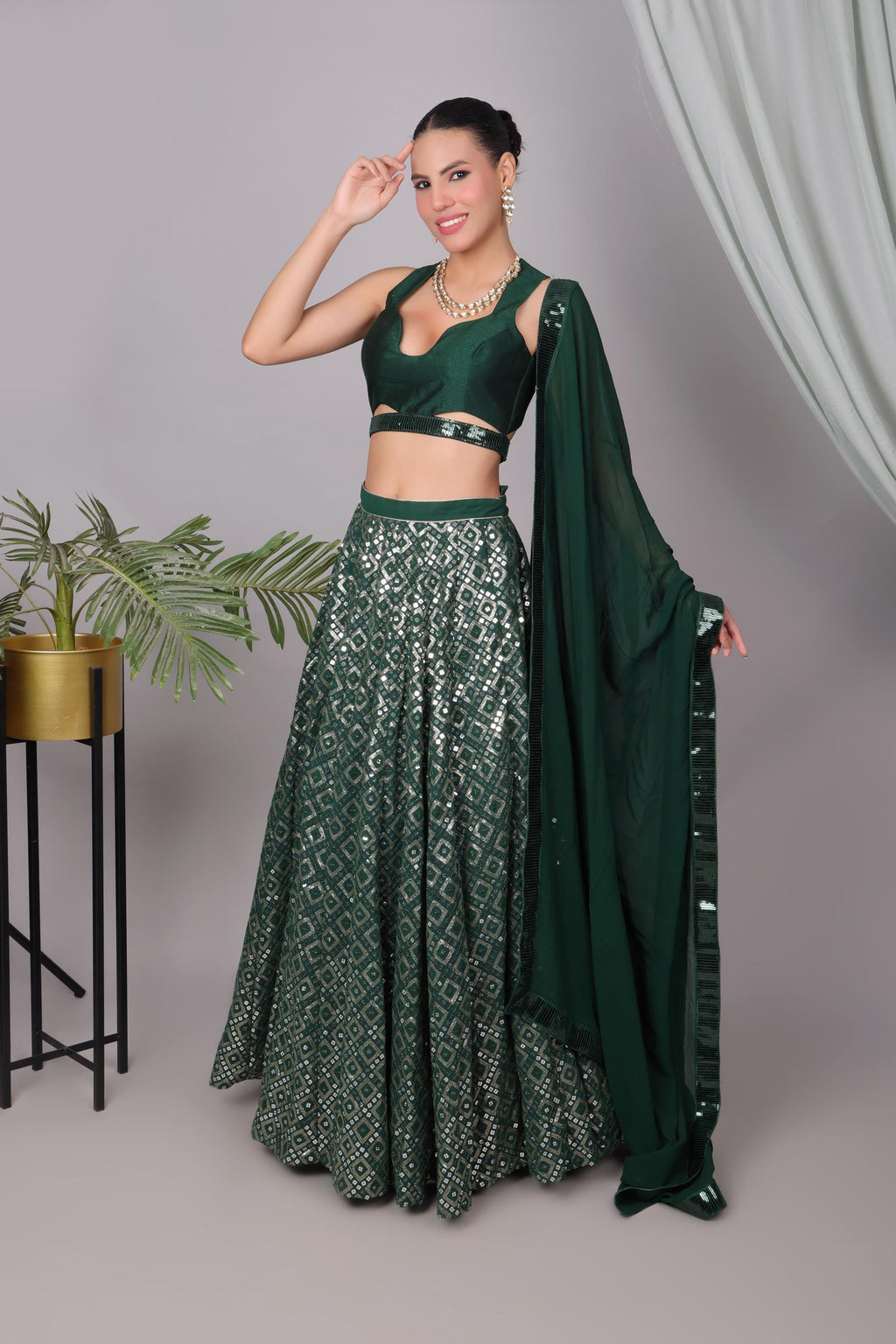Emerald Green Sequin Lehenga Choli Set - Indian Wedding Outfit
