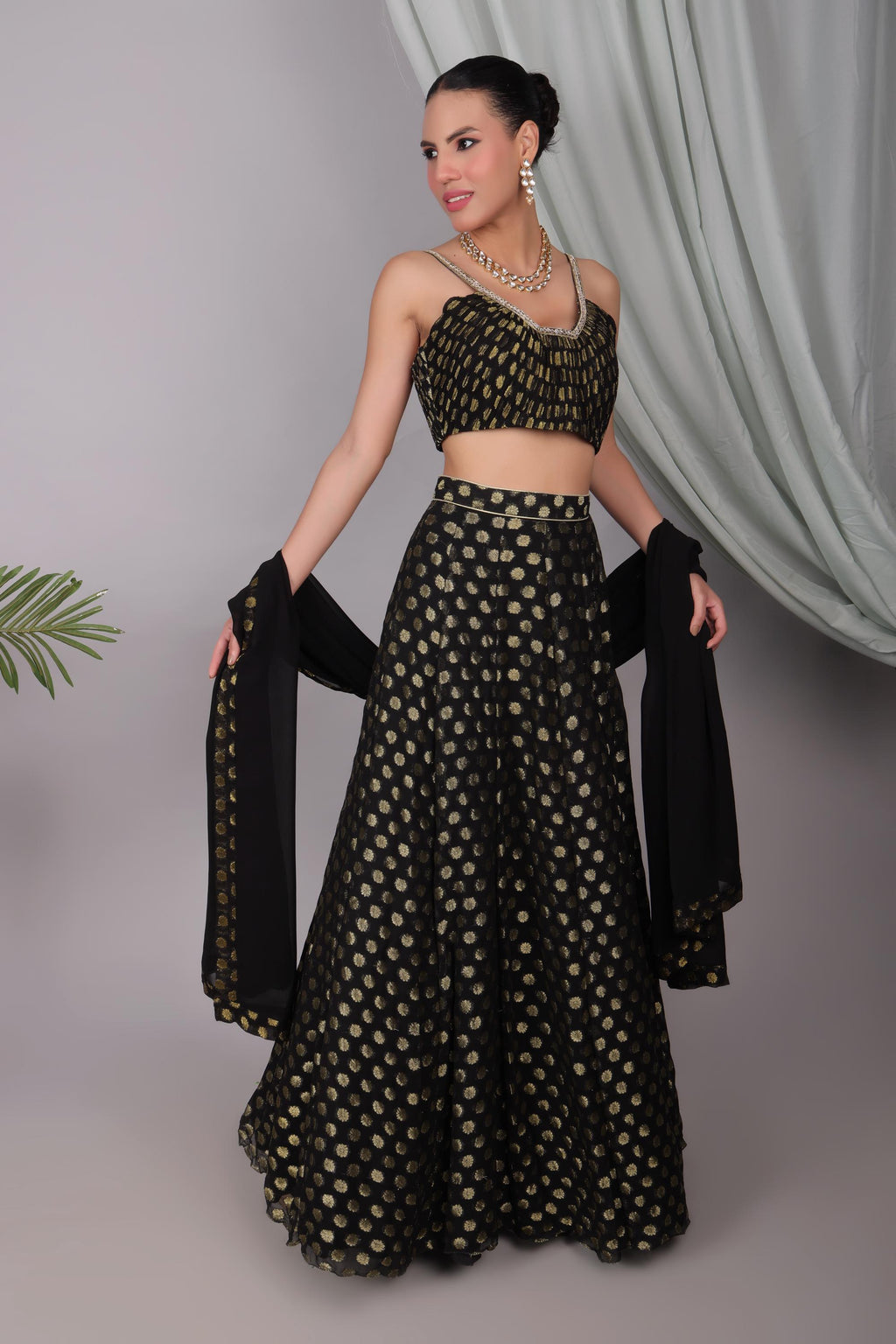 Black Brocade Georgette Lehenga Set, Embroidered Indian Outfit