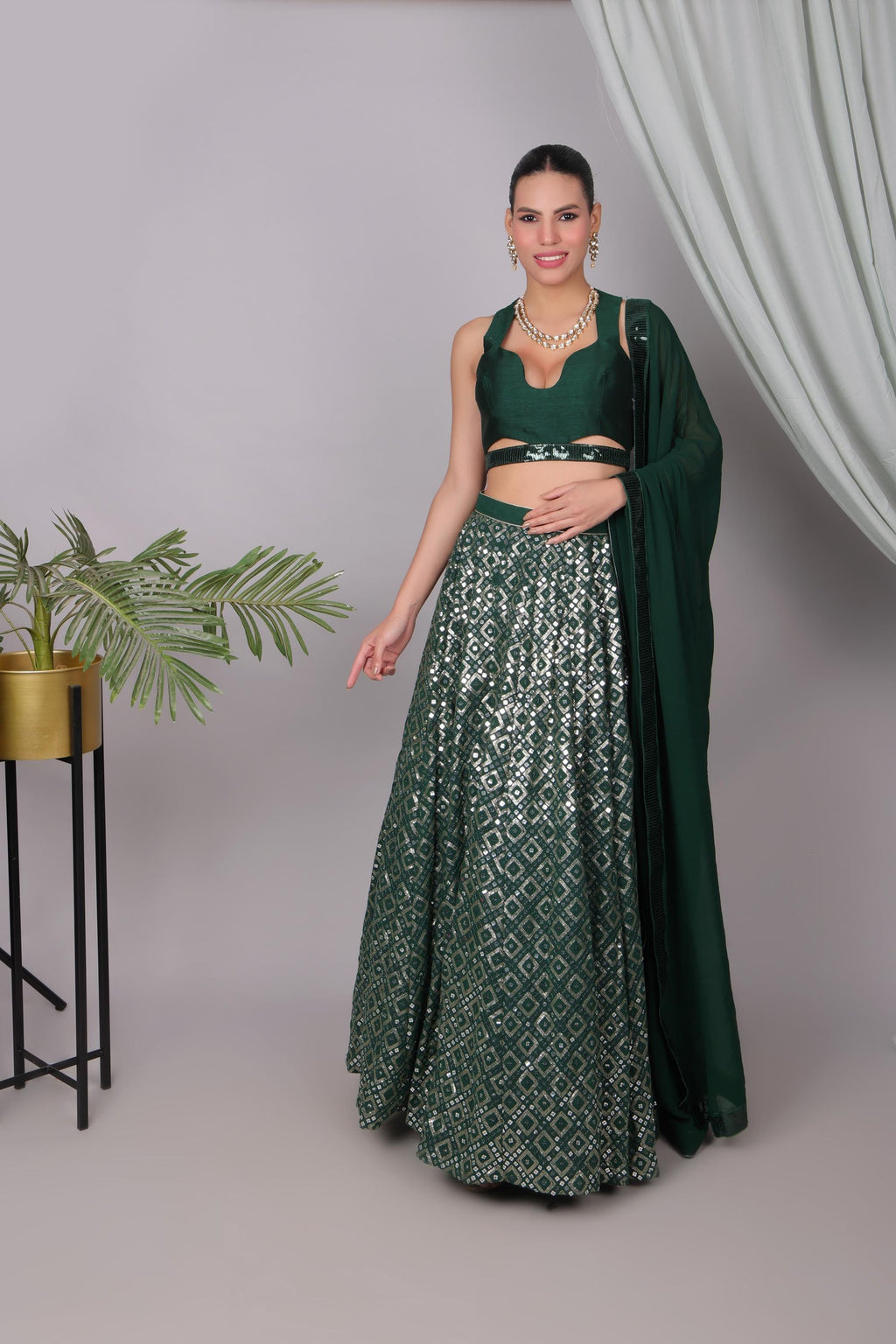 Emerald Green Sequin Lehenga Choli Set - Indian Wedding Outfit