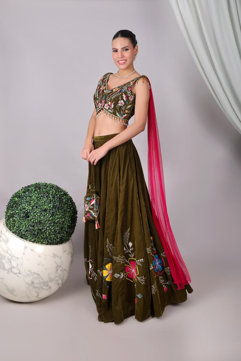 Embroidered Velvet Lehenga Choli Set, Indian Wedding Outfit
