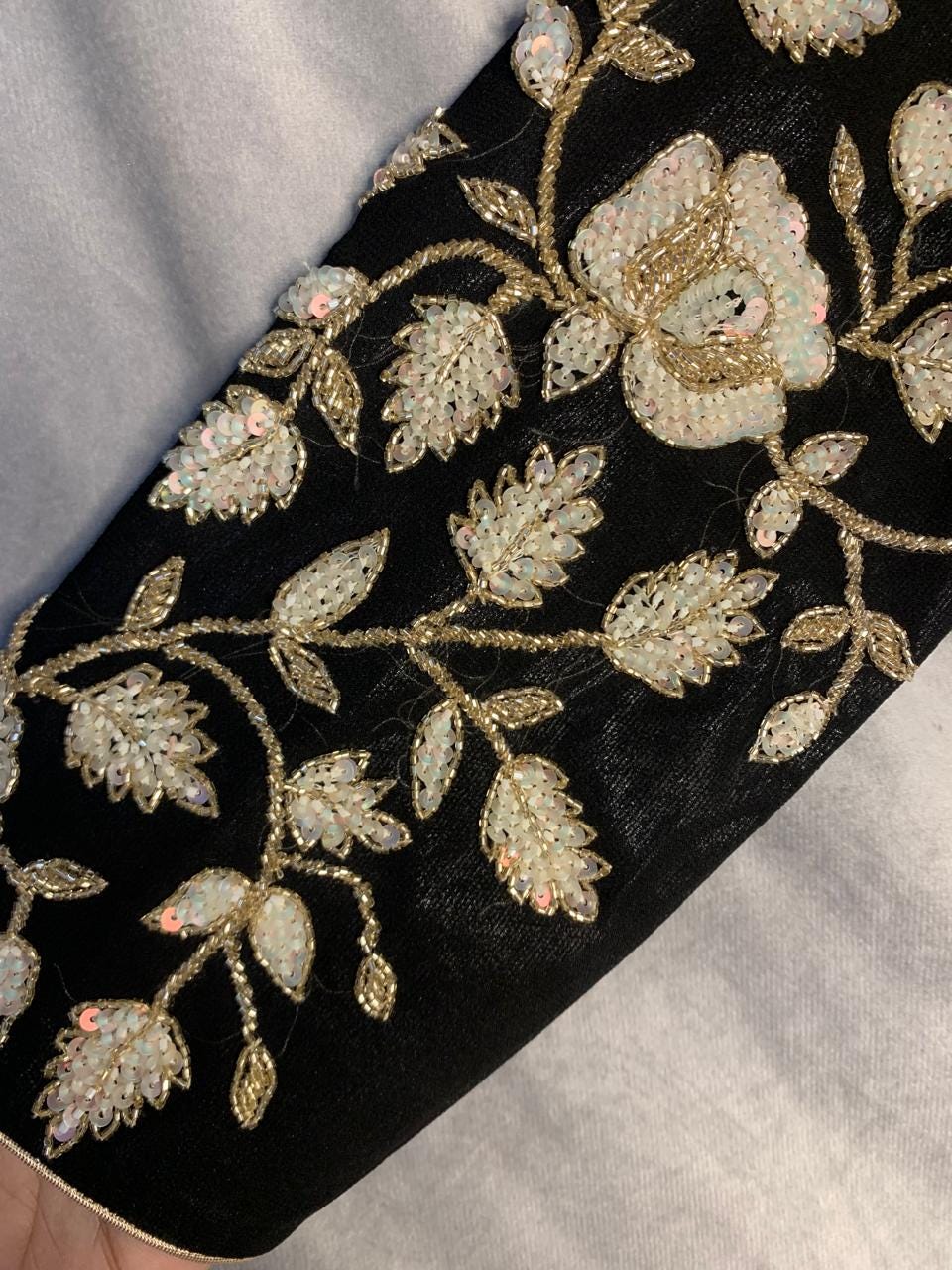 Black Velvet Blouse with Floral Embroidery, Bollywood Style Choli Crop Top