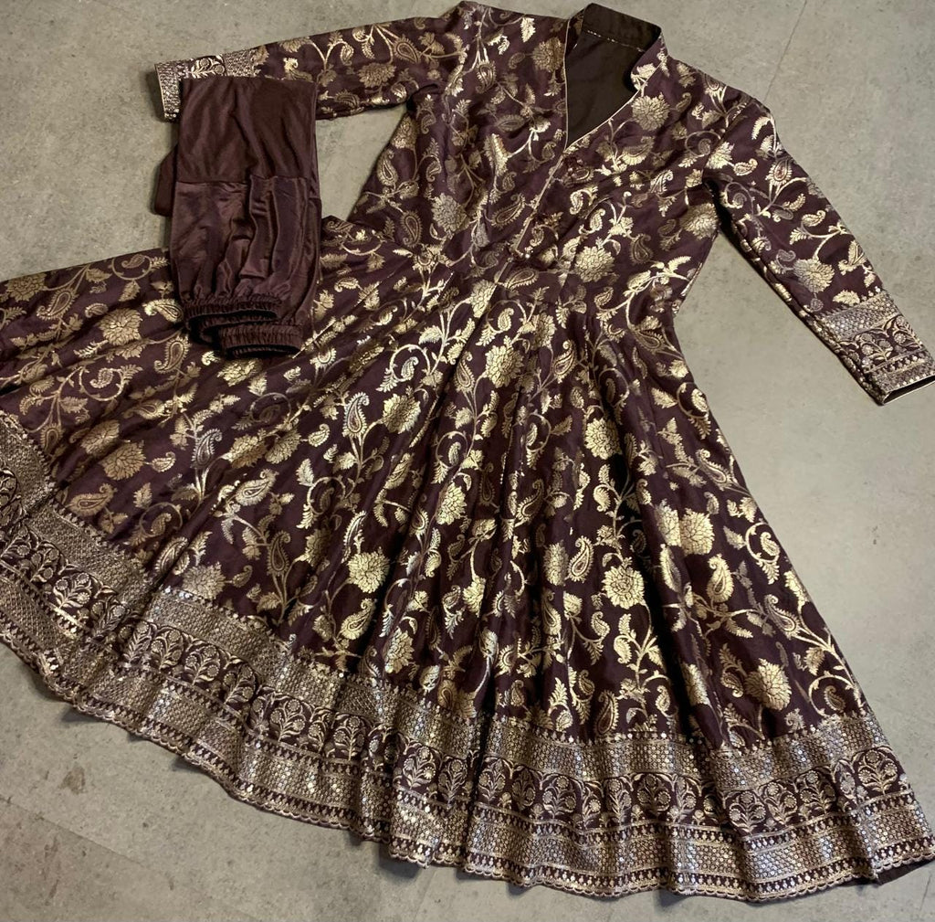 Plus Size Mocha Georgette Anarkali Gown, Gold Motif Indian Dress