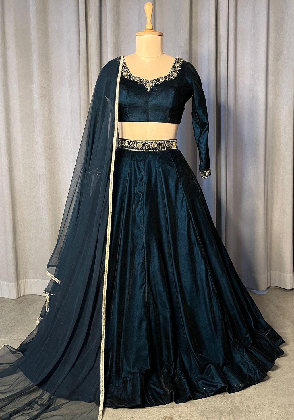Teal blue Velvet Lehenga Choli with Dupatta - Indian Wedding Outfit