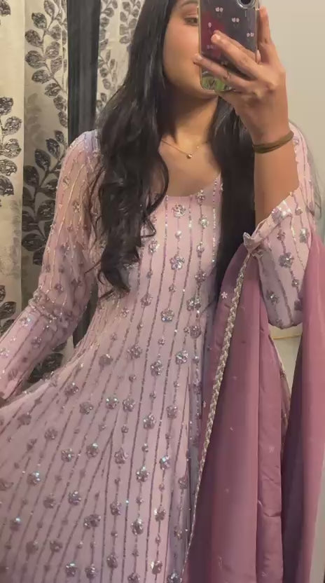 Dusty Rose Sequin Anarkali Suit in Stretch Net, Ready to Wear Indian Wedding Guest Gown, Designer Long Gown with Organza Dupatta and Pyajami
